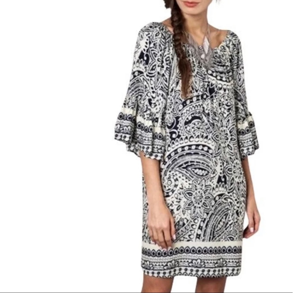 Umgee Black White Paisley Off Shoulder Dress w/ Bell Sleeves & Pockets- …